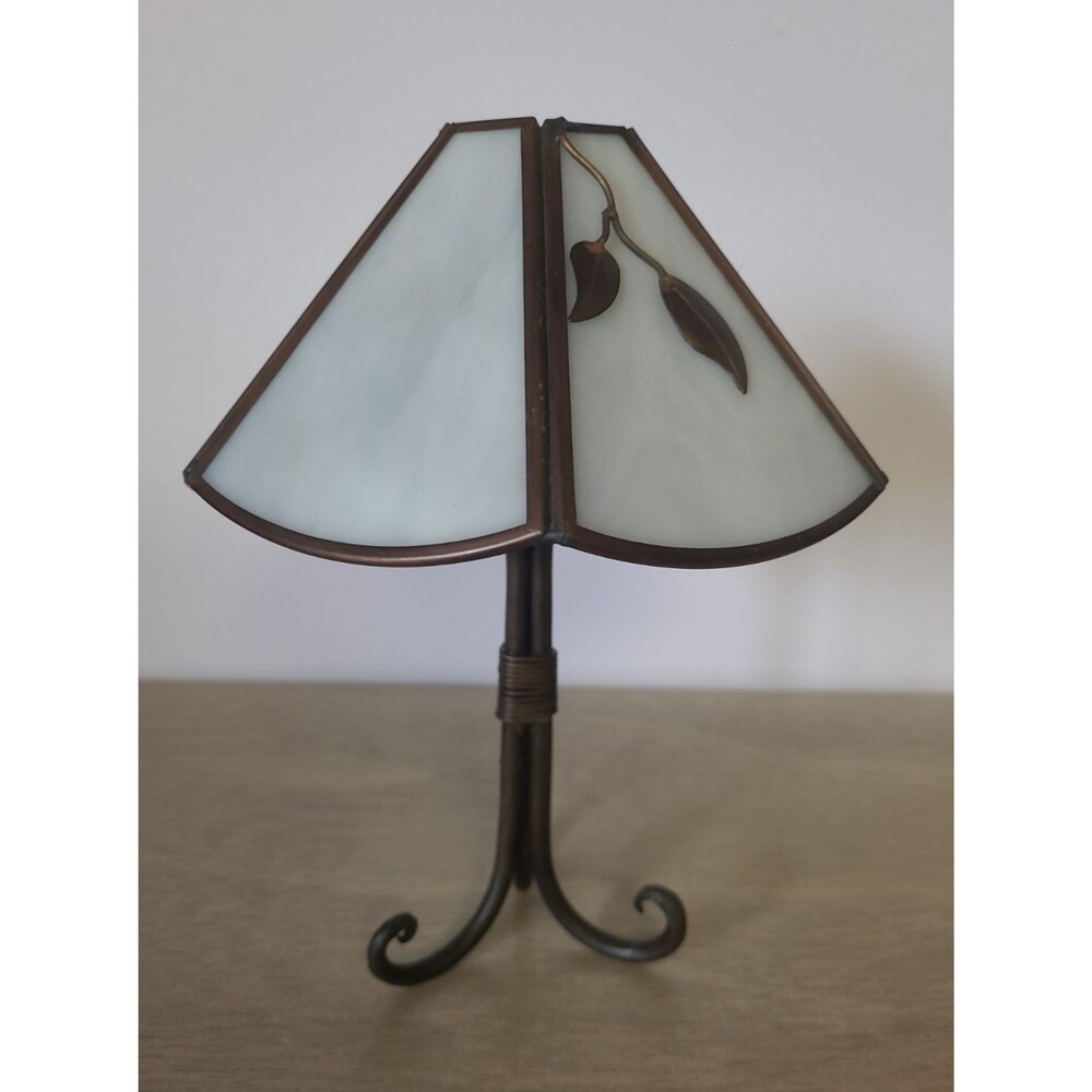 Stained Glass Tiffany Style Candle Lamp Metal Copper Base Tea Light White 9"